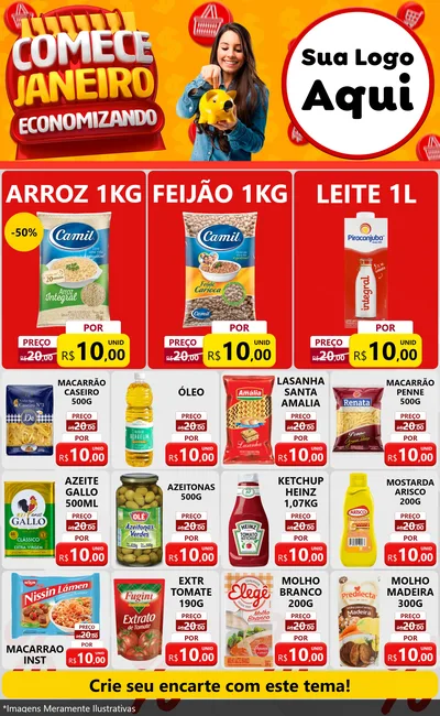 Modelo de Encarte para Encarte Grande com o tema Comece Janeiro Economizando para Supermercado
