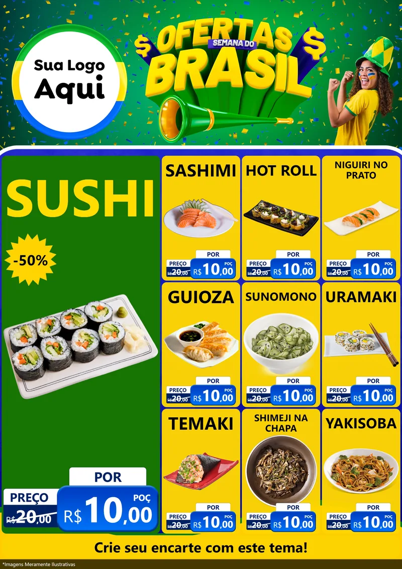 Modelo de Encarte para Encarte A4 Vertical com o tema Ofertas Semana do Brasil para Comida japonesa