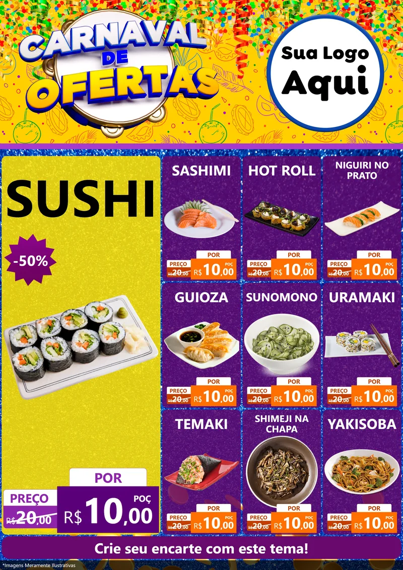 Modelo de Encarte para Encarte A4 Vertical com o tema Carnaval de Ofertas para Comida japonesa