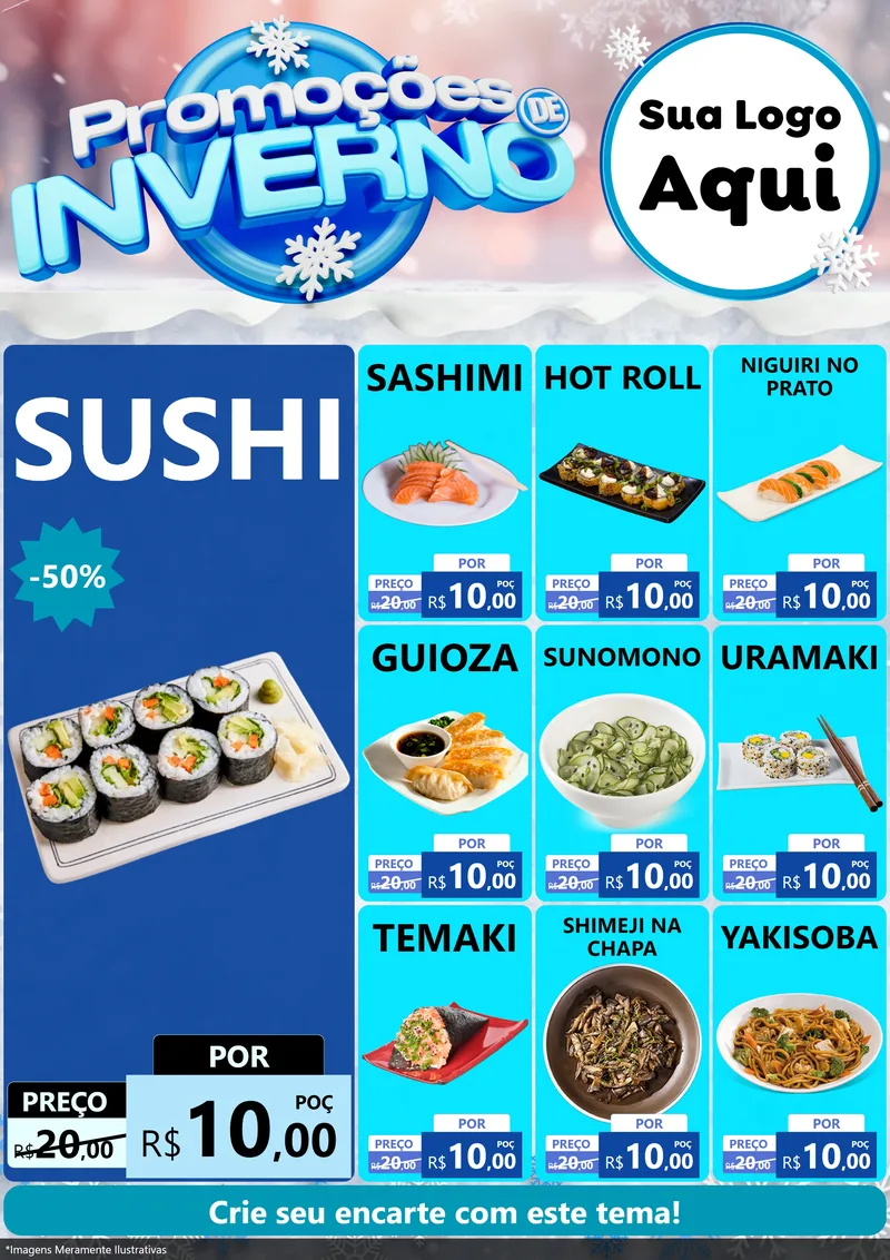 Modelo de Encarte para Encarte A4 Vertical com o tema Promoções de Inverno para Comida japonesa