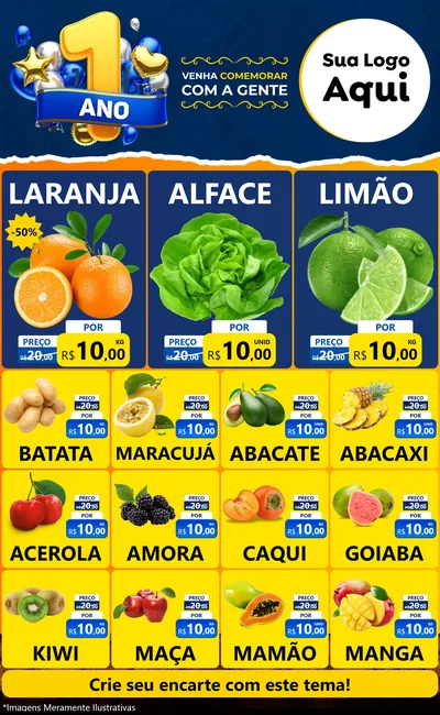 Modelo de Encarte para Encarte Grande com o tema Um Ano de Aniversário para Hortifrúti