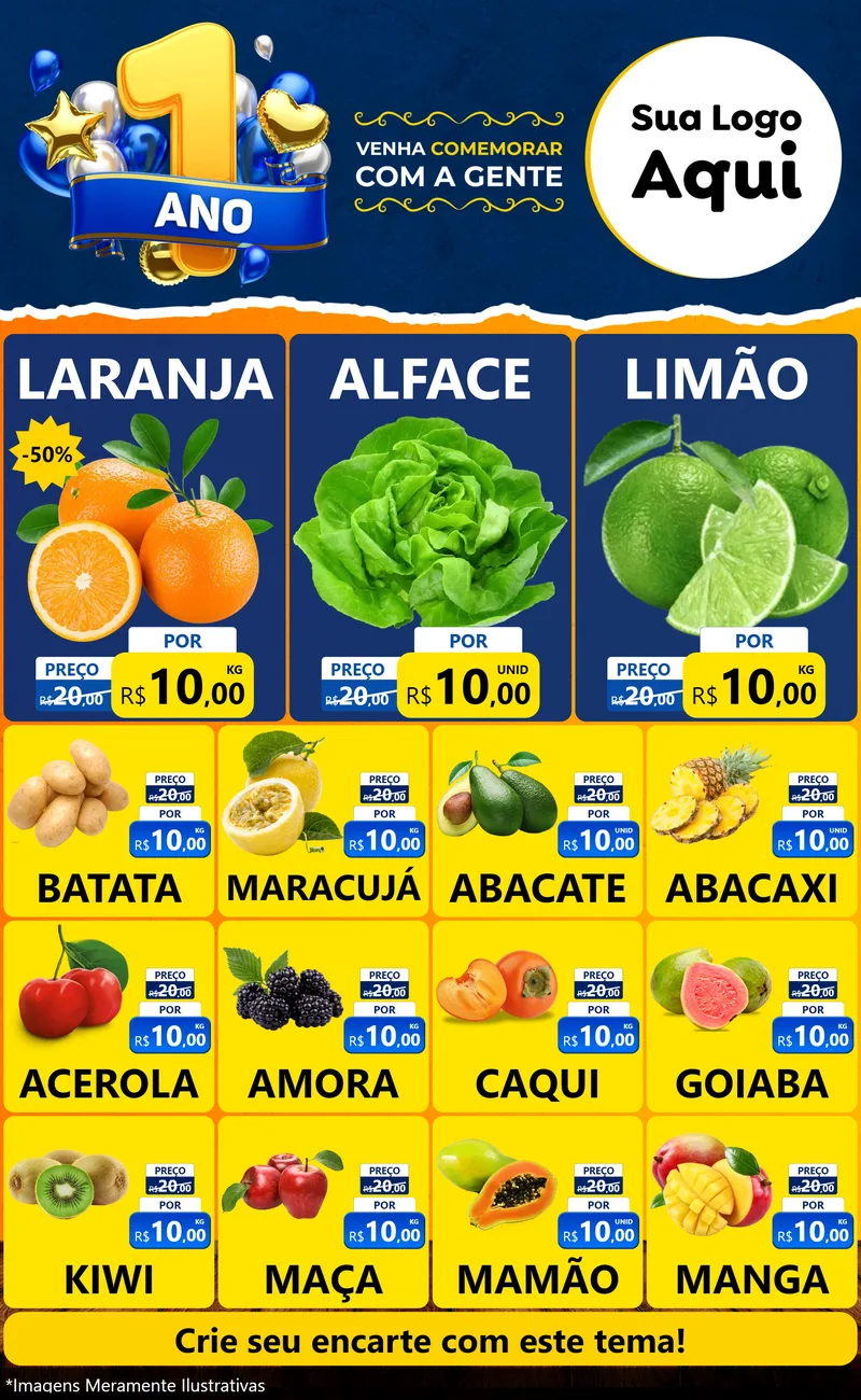 Modelo de Encarte para Encarte Grande com o tema Um Ano de Aniversário para Hortifrúti