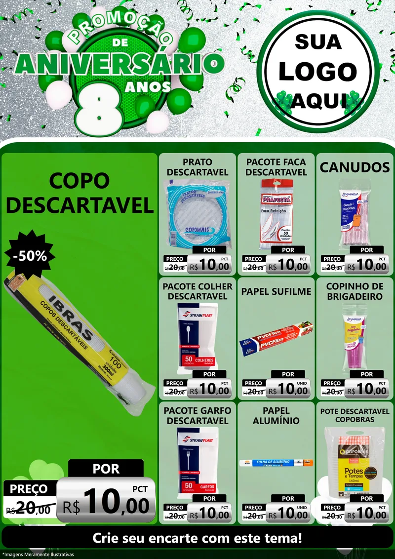 Modelo de Encarte para Encarte A4 Vertical com o tema Promoção de Aniversário - 8 Anos para Embalagens