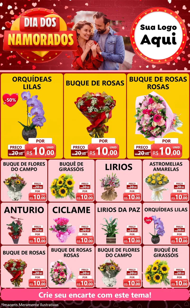 Modelo de Encarte para Encarte Grande com o tema Dia Dos Namorados para Floricultura e jardim