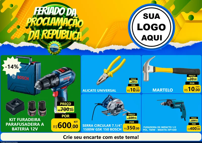 Modelo de Encarte para Encarte A4 Horizontal com o tema Feriado da Proclamação da República para Maquinas e Ferramentas