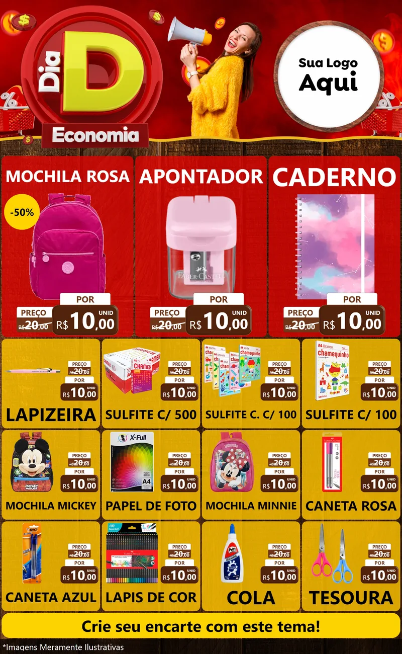 Modelo de Encarte para Encarte Grande com o tema Dia D Economia para Papelaria