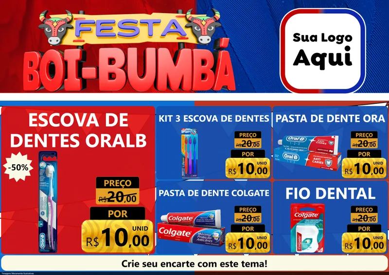 Modelo de Encarte para Encarte A4 Horizontal com o tema Festa Boi Bumbá para Higiene Pessoal