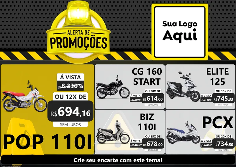 Modelo de Encarte para Encarte A4 Horizontal com o tema Alerta de Promoções para Concessionaria de Motos