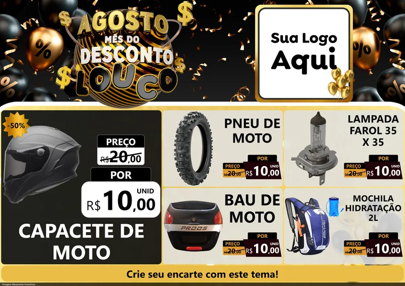 Modelo de Encarte para Encarte A4 Horizontal com o tema Agosto Mês do Desconto Louco para Moto peças