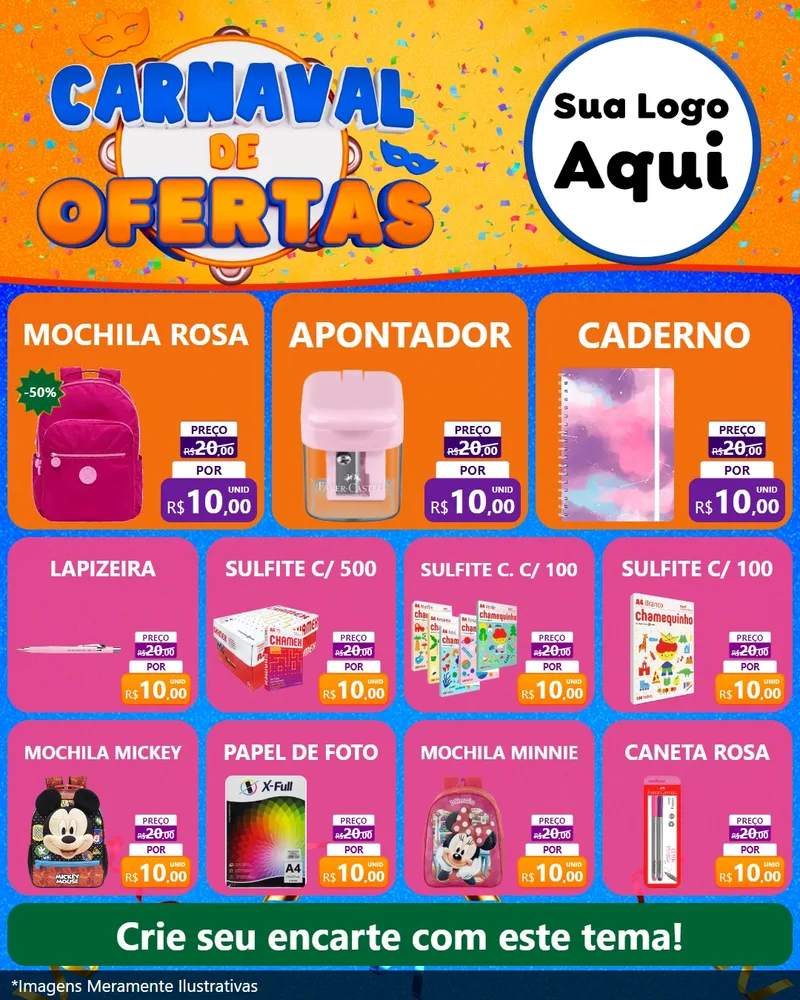 Modelo de Rede Social para Feed Instagram com o tema Carnaval de Ofertas para Papelaria