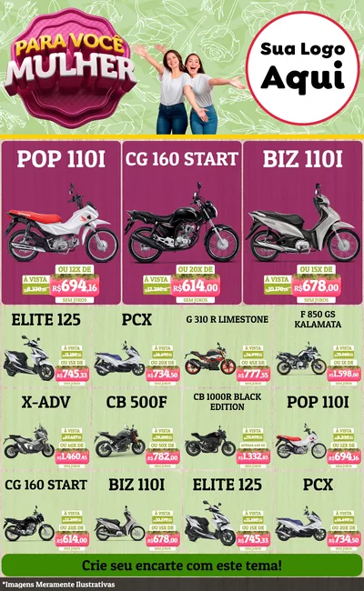 Modelo de Encarte para Encarte Grande com o tema Para Você Mulher para Concessionaria de Motos