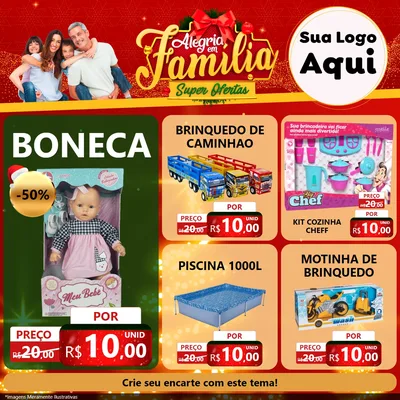 Modelo de Rede Social para Feed Facebook com o tema Alegria em Família Super Ofertas - Natal para Brinquedos