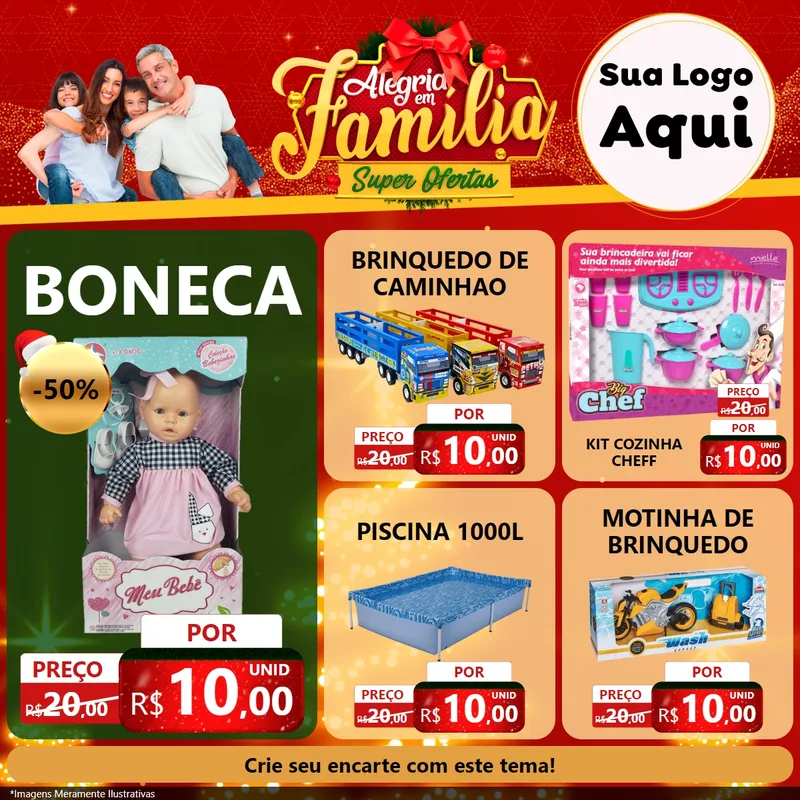 Modelo de Rede Social para Feed Facebook com o tema Alegria em Família Super Ofertas - Natal para Brinquedos