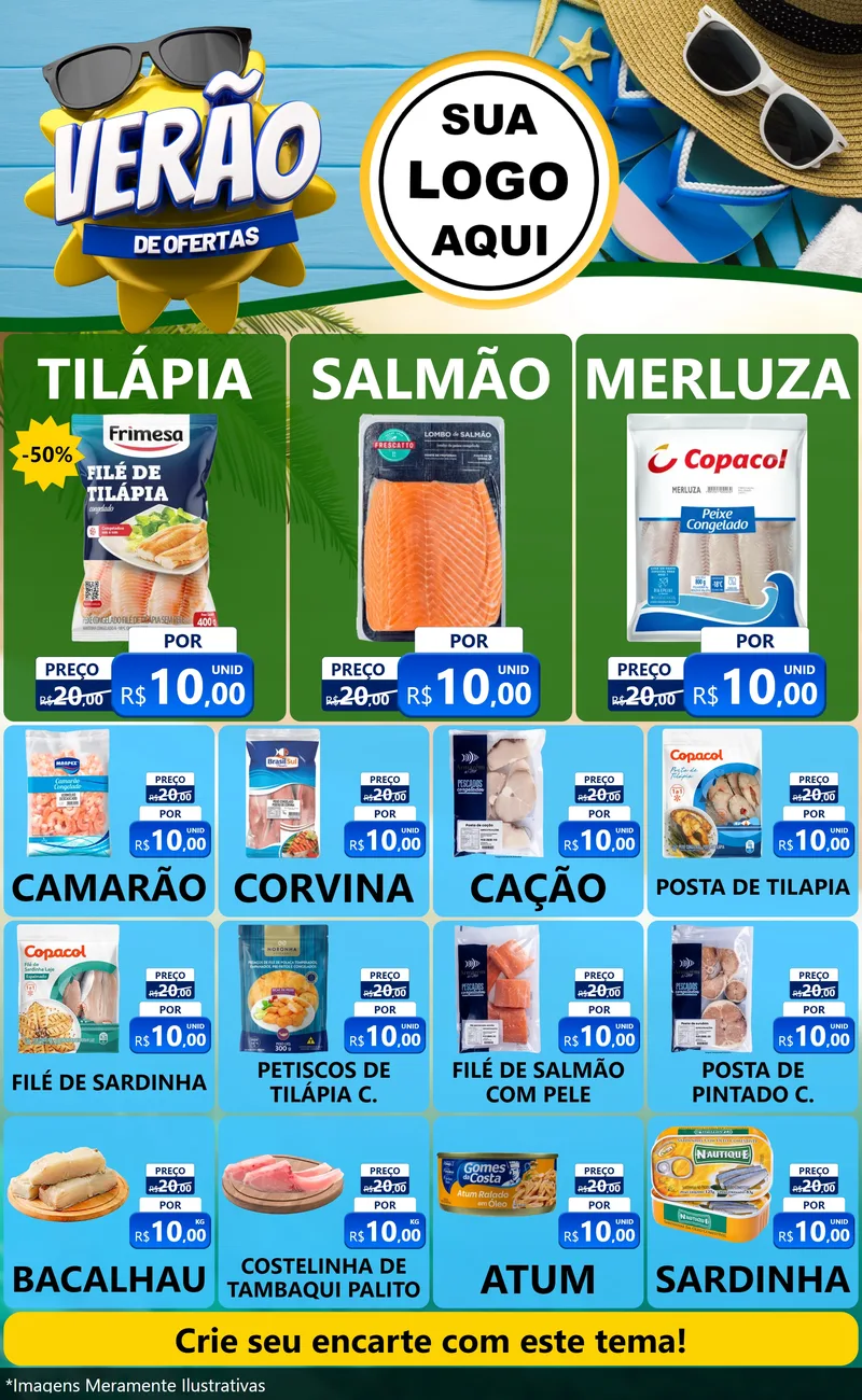 Modelo de Encarte para Encarte Grande com o tema Verão de Ofertas para Peixaria