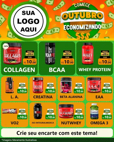 Modelo de Rede Social para Feed Instagram com o tema Comece Outubro Economizando para Suplementos alimentares