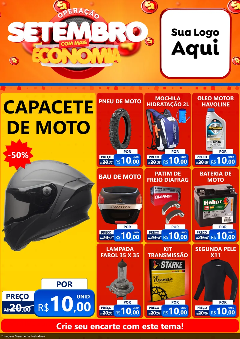 Modelo de Encarte para Encarte A4 Vertical com o tema Operação Setembro Com Muita Economia para Moto peças