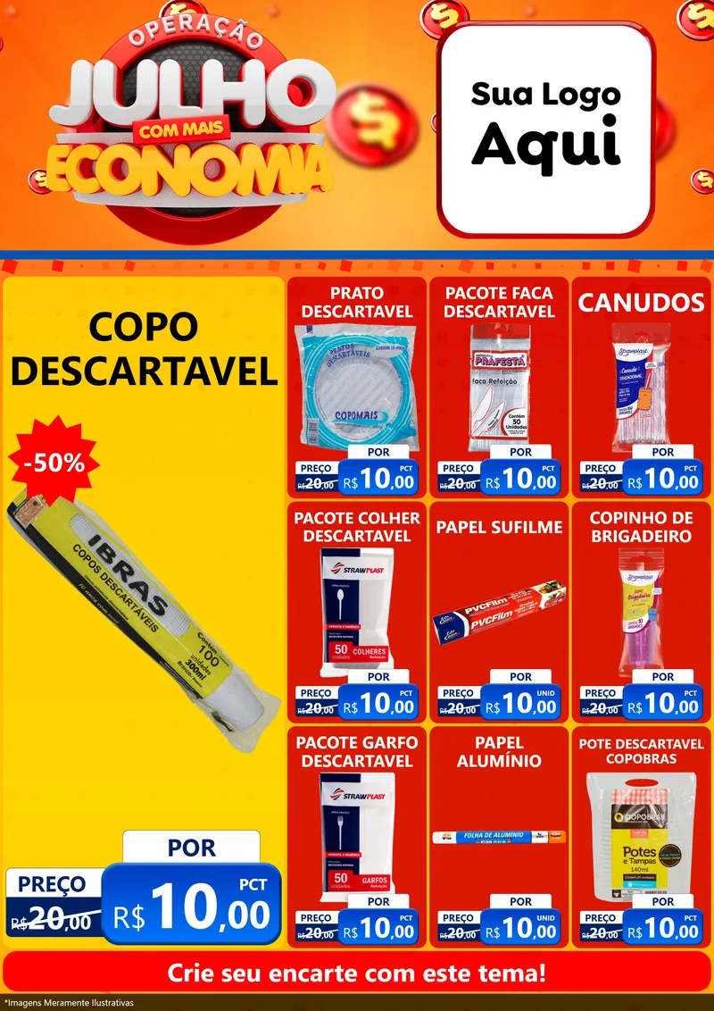 Modelo de Encarte para Encarte A4 Vertical com o tema Operação Julho Com Mais Economia para Embalagens