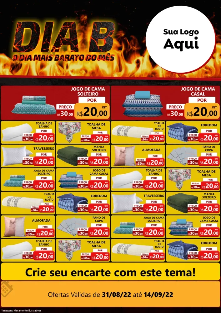 Modelo de Encarte para Encarte A4 Vertical com o tema Dia B para Cama, Mesa e Banho