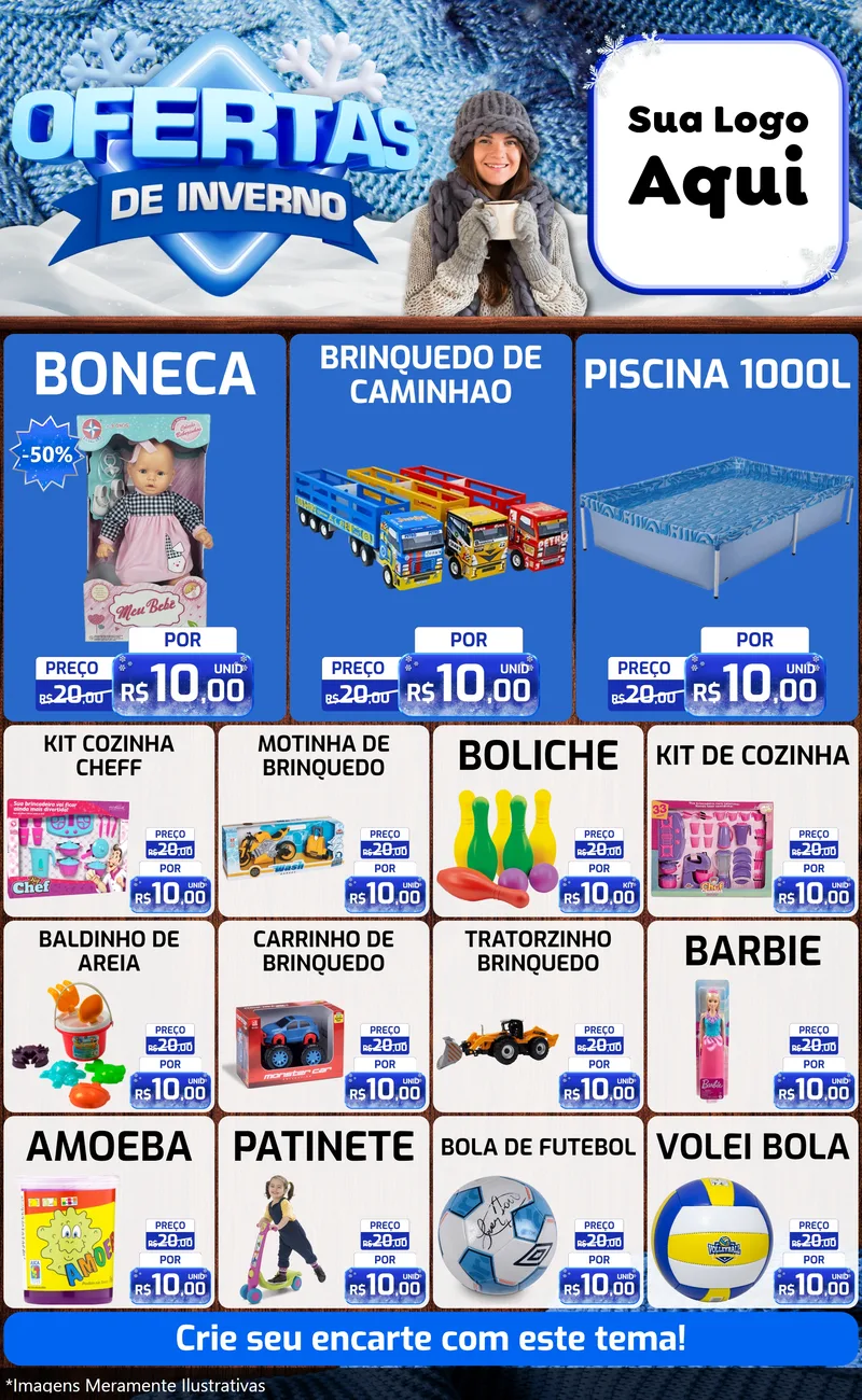 Modelo de Encarte para Encarte Grande com o tema Ofertas de Inverno para Brinquedos