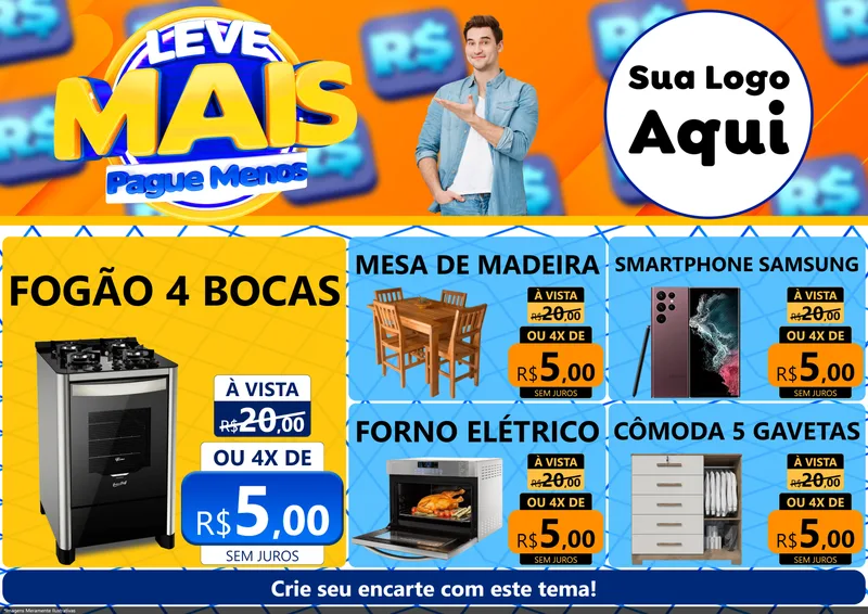 Modelo de Encarte para Encarte A4 Horizontal com o tema Leve Mais, Pague Menos para Móveis e Eletro