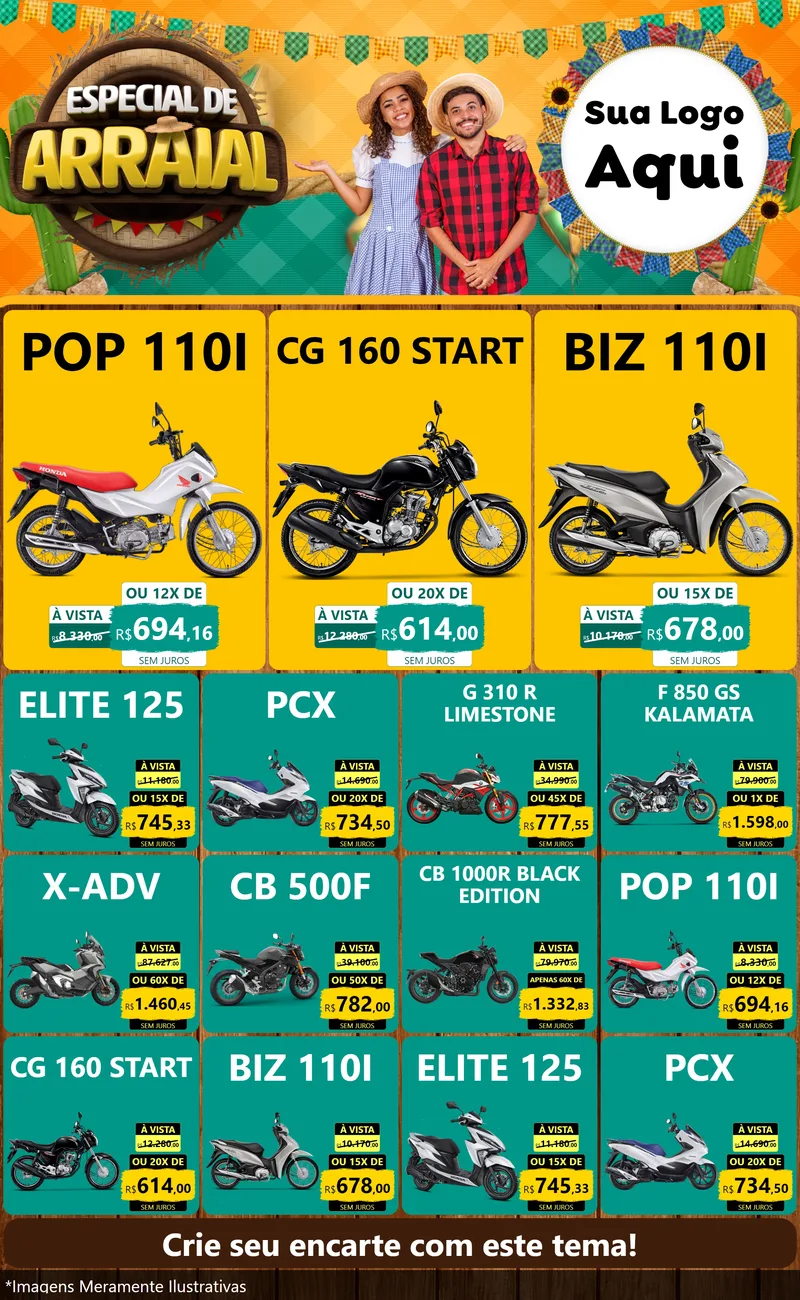 Modelo de Encarte para Encarte Grande com o tema Especial De Arraial para Concessionaria de Motos
