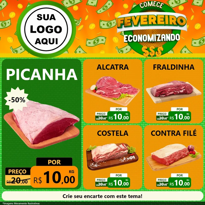 Modelo de Rede Social para Feed Facebook com o tema Comece Fevereiro Economizando para Açougue