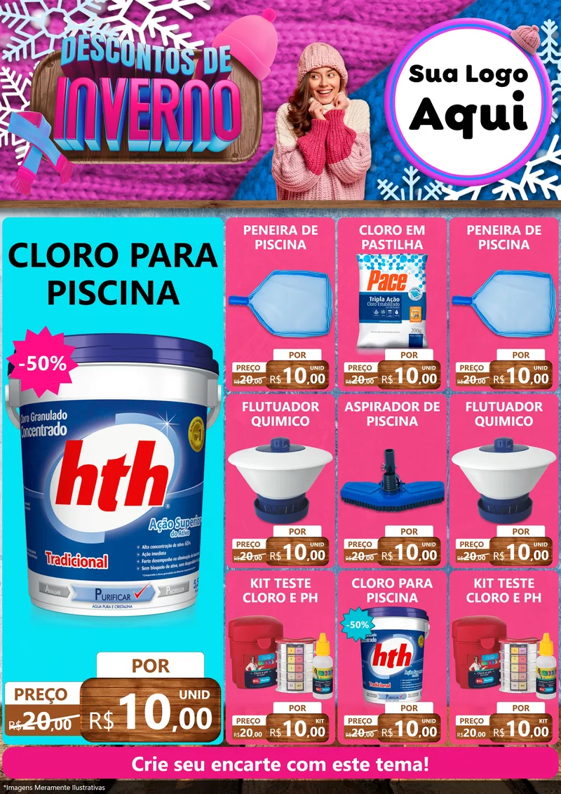 Modelo de Encarte para Encarte A4 Vertical com o tema Descontos de Inverno para Produtos para Piscina