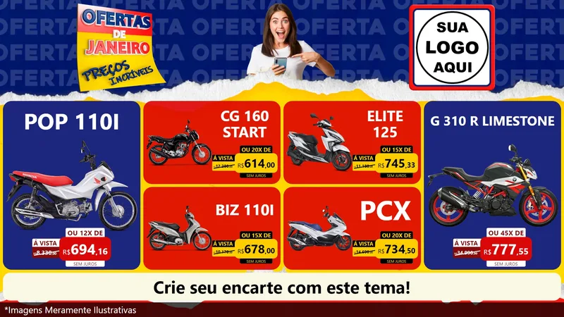 Modelo de TV para TV Horizontal com o tema Ofertas de Janeiro - Preços Incríveis para Concessionaria de Motos