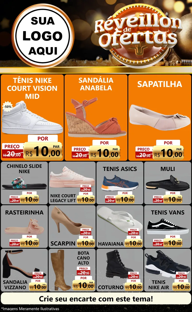 Modelo de Encarte para Encarte Grande com o tema Réveillon de Ofertas para Calçados