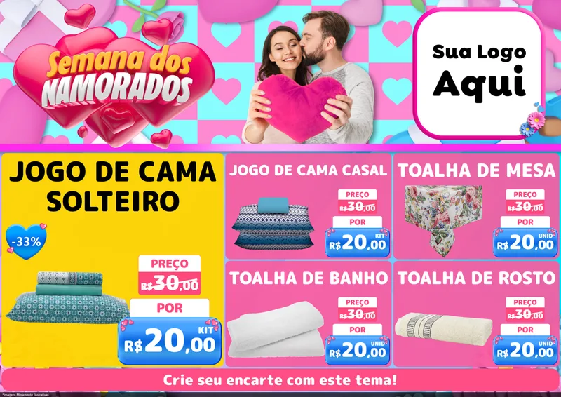 Modelo de Encarte para Encarte A4 Horizontal com o tema Semana dos Namorados para Cama, Mesa e Banho
