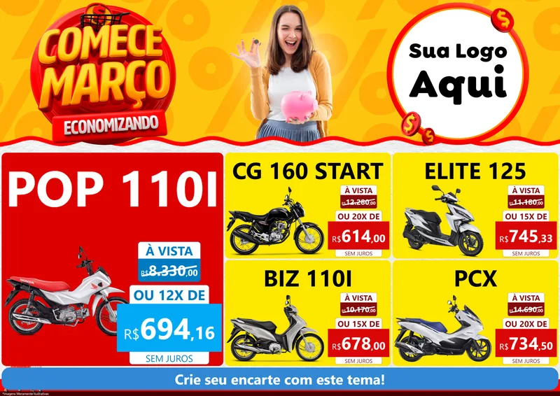 Modelo de Encarte para Encarte A4 Horizontal com o tema Comece Março Economizando para Concessionaria de Motos