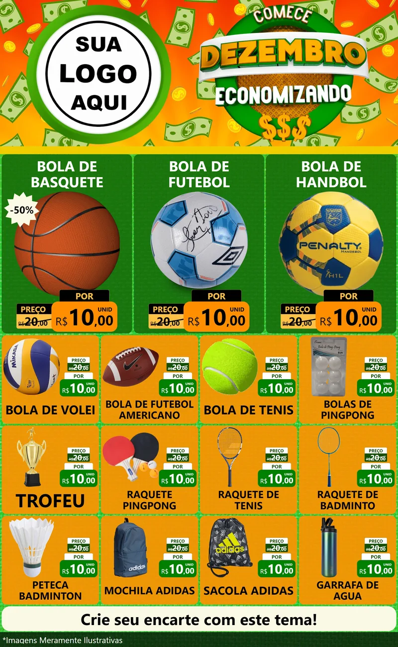 Modelo de Encarte para Encarte Grande com o tema Comece Dezembro Economizando para Artigos Esportivos