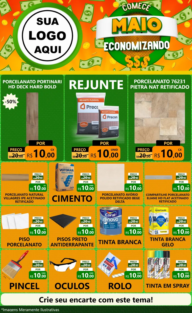 Modelo de Encarte para Encarte Grande com o tema Comece Maio Economizando para Pisos e revestimentos