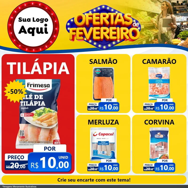 Modelo de Rede Social para Feed Facebook com o tema Ofertas de Fevereiro para Peixaria