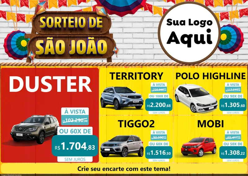 Modelo de Encarte para Encarte A4 Horizontal com o tema Sorteio de São João para Concessionaria de Carros