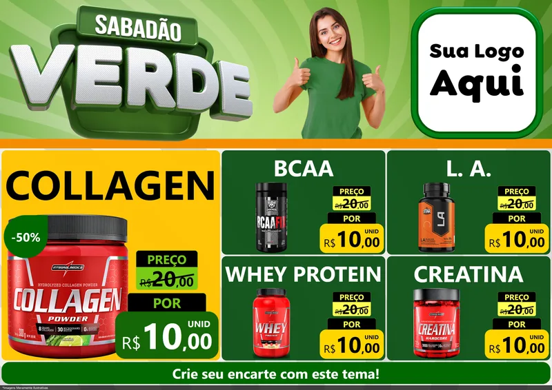 Modelo de Encarte para Encarte A4 Horizontal com o tema Sabadão Verde para Suplementos alimentares