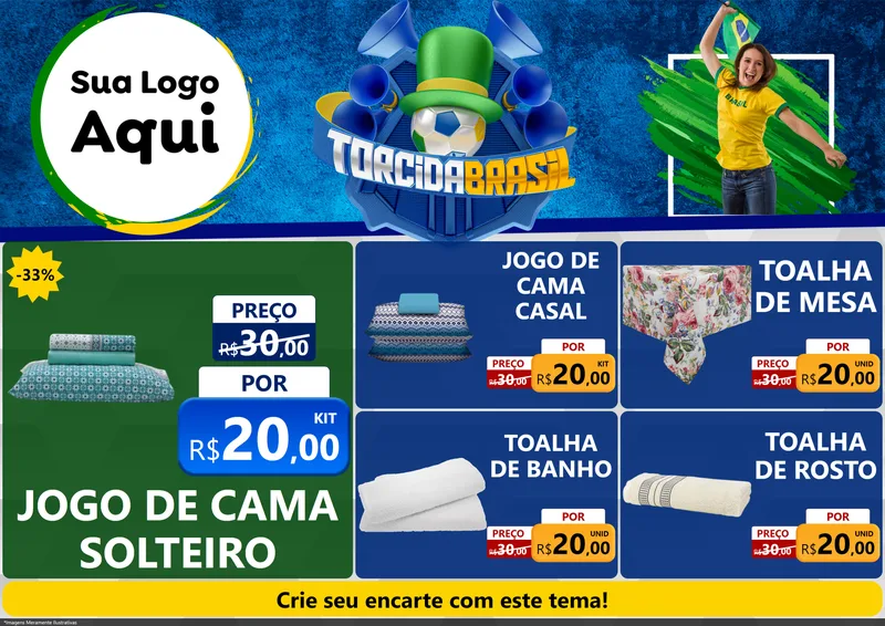 Modelo de Encarte para Encarte A4 Horizontal com o tema Torcida Brasil - Copa para Cama, Mesa e Banho