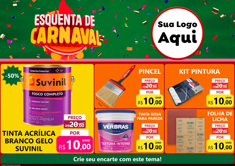Modelo de Encarte para Encarte A4 Horizontal com o tema Esquenta de Carnaval para Tintas e Ferramentas