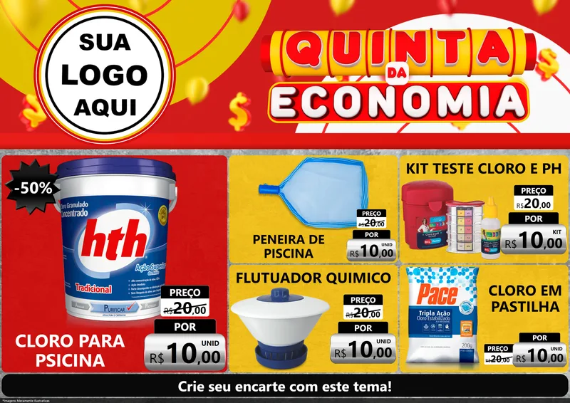 Modelo de Encarte para Encarte A4 Horizontal com o tema Quinta da Economia para Produtos para Piscina