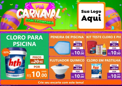 Modelo de Encarte para Encarte A4 Horizontal com o tema Pré-Carnaval Com Economia para Produtos para Piscina
