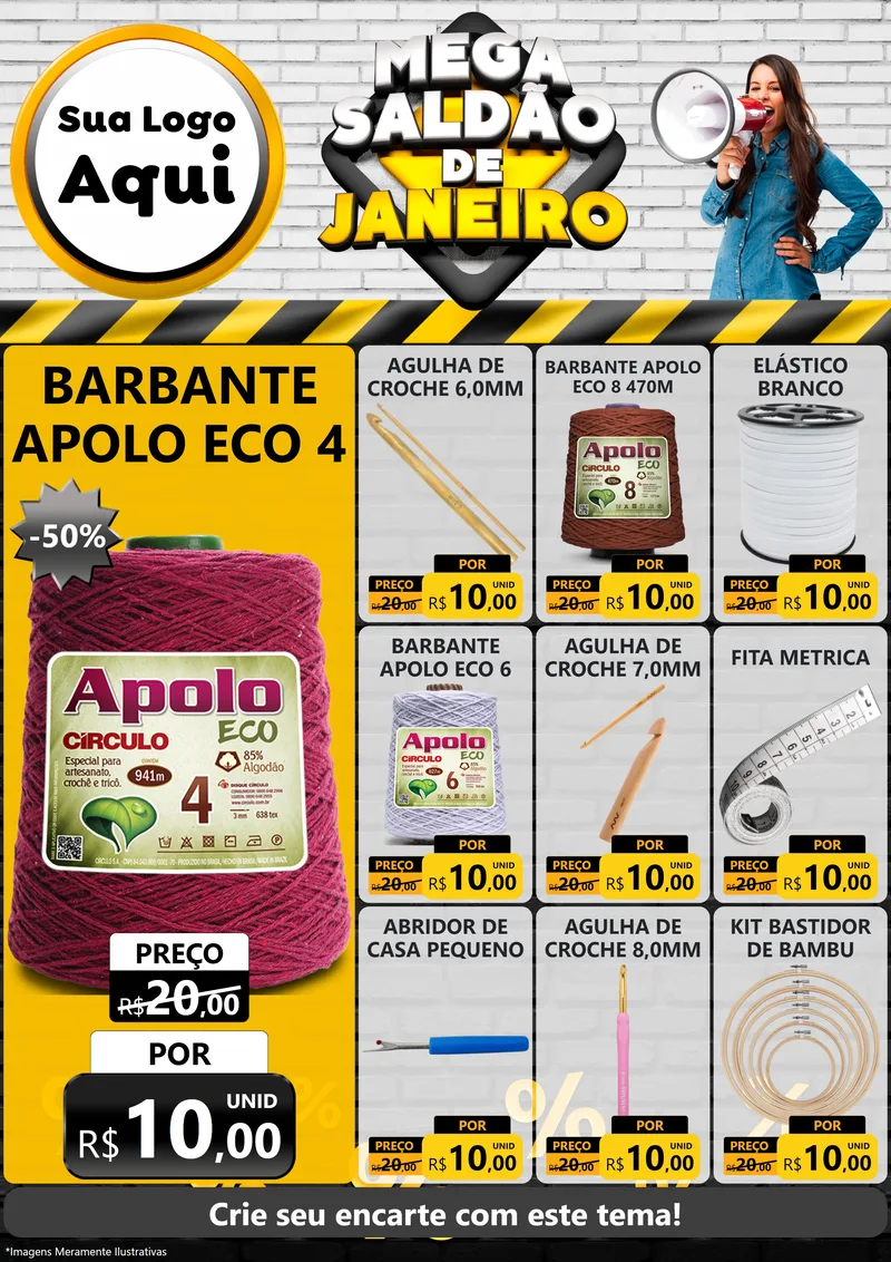 Modelo de Encarte para Encarte A4 Vertical com o tema Mega Saldão de Janeiro para Armarinho e Aviamentos
