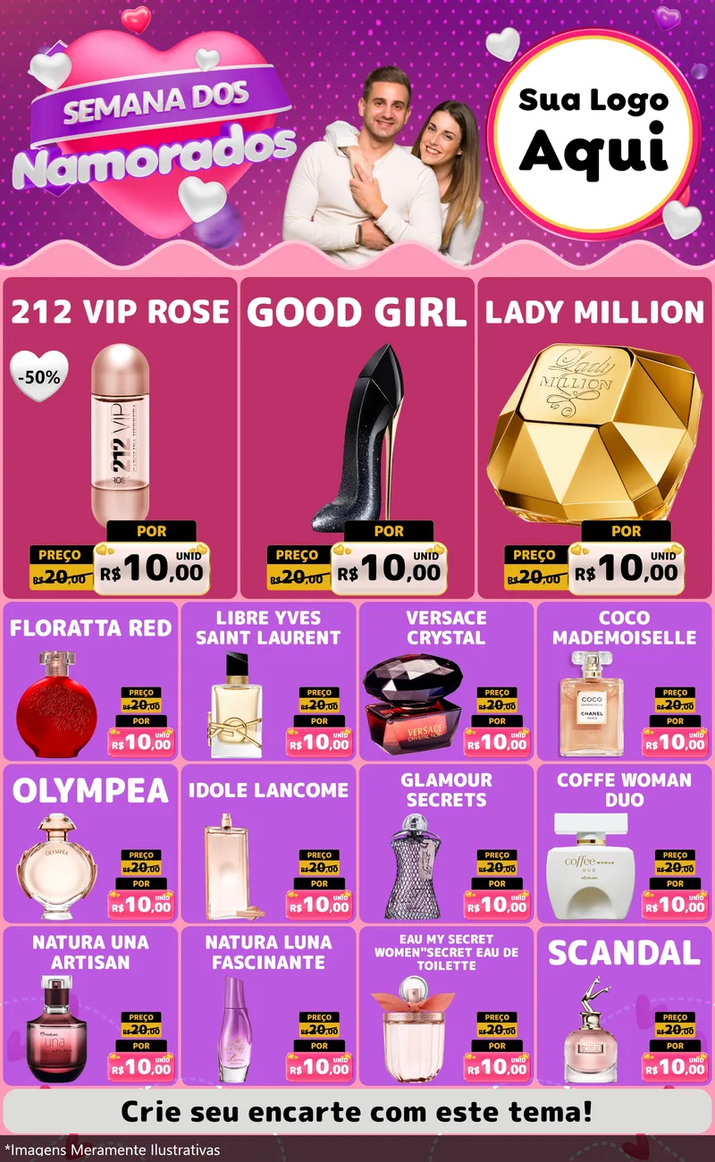 Modelo de Encarte para Encarte Grande com o tema Semana dos Namorados para Perfumes