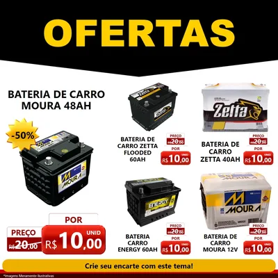 Modelo de Rede Social para Feed Facebook com o tema Ofertas Preto e Vermelho Cartaz para Baterias Elétricas