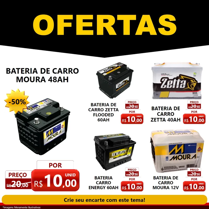 Modelo de Rede Social para Feed Facebook com o tema Ofertas Preto e Vermelho Cartaz para Baterias Elétricas