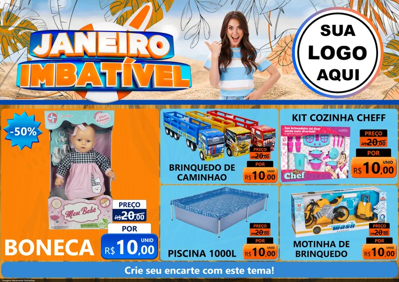 Modelo de Encarte para Encarte A4 Horizontal com o tema Janeiro Imbatível para Brinquedos