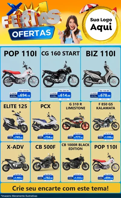 Modelo de Encarte para Encarte Grande com o tema Ofertas - Férias para Concessionaria de Motos