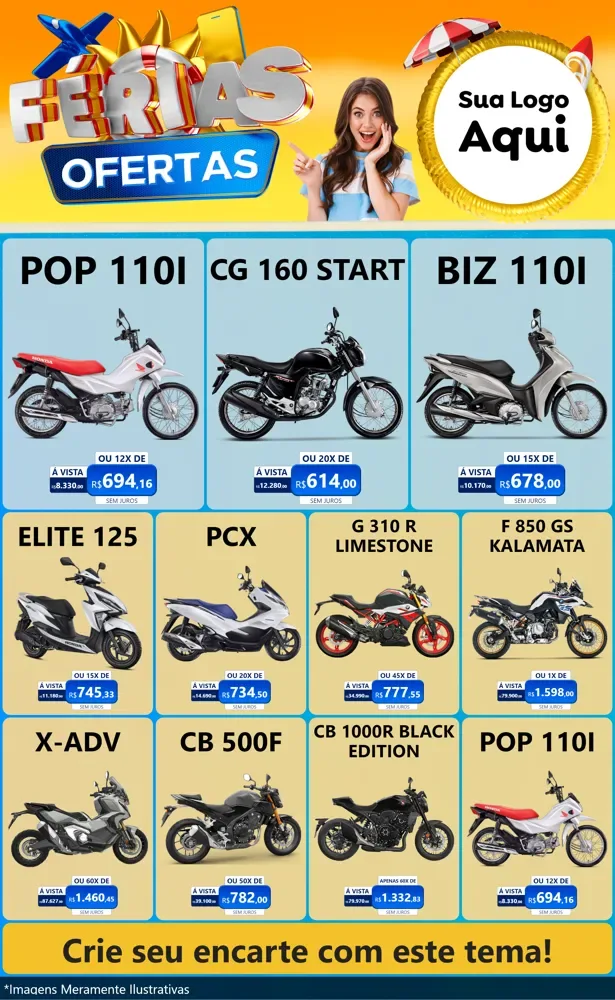 Modelo de Encarte para Encarte Grande com o tema Ofertas - Férias para Concessionaria de Motos