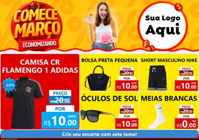Modelo de Encarte para Encarte A4 Horizontal com o tema Comece Março Economizando para Roupas e acessórios
