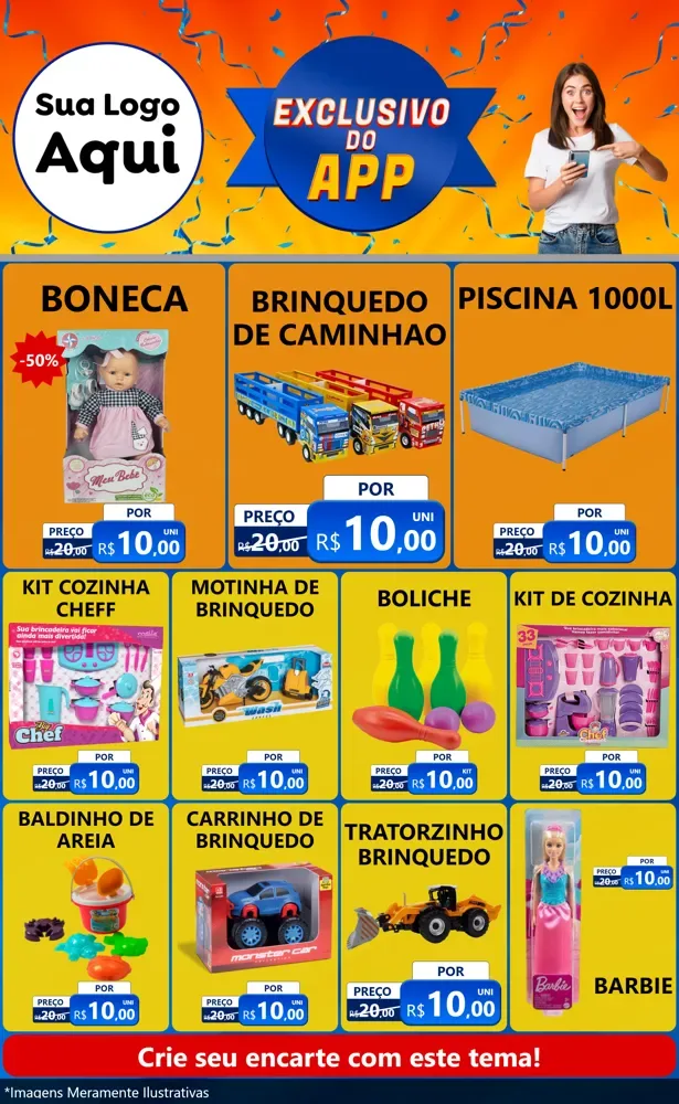 Modelo de Encarte para Encarte Grande com o tema Exclusivo do Aplicativo para Brinquedos
