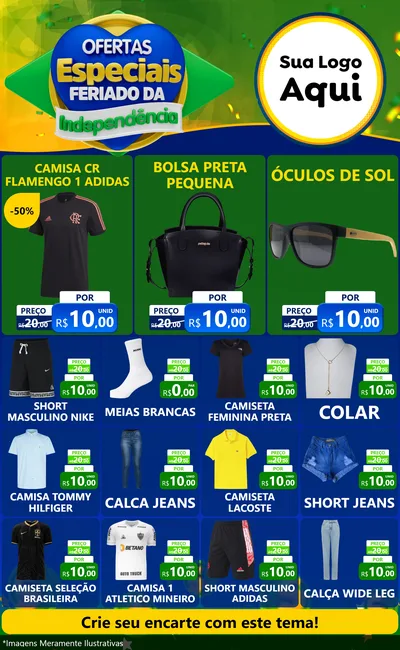 Modelo de Encarte para Encarte Grande com o tema Ofertas Especiais Feriado da Independência para Roupas e acessórios